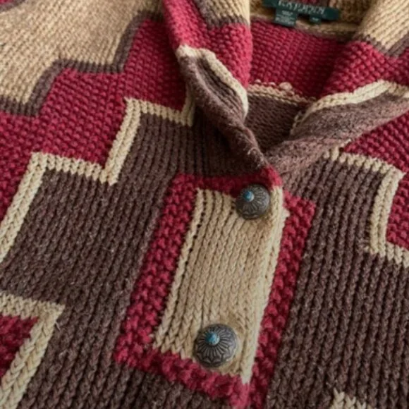 RALPH LAUREN Southwestern Concho Button Vintage Knit Cardigan Size M - Picture 3 of 14